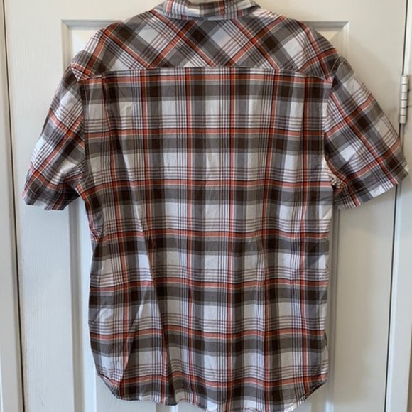 🍂 Men's Burnt Sienna Brown White Plaid Tartan Button Up Short Sleeve Shirt - XL - Picture 2 of 9
